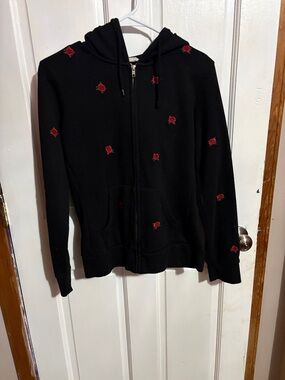 Black Zip-Up Hoodie with Red Rose Embroidery